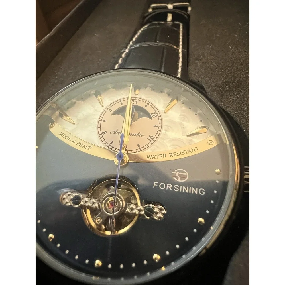 Forsining TM339 Automatic Mechanical Watch Moon Phase Open Heart Black Gold 43mm